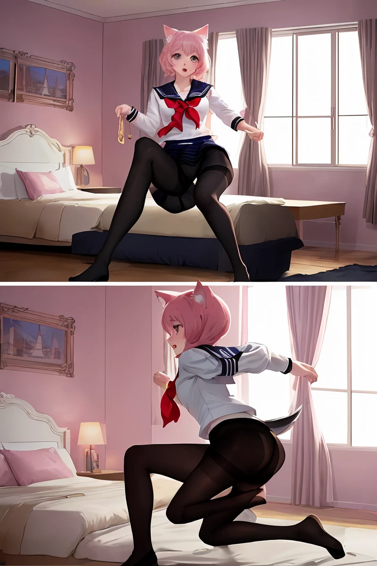 score_9,score_8_up,score_7_up,masterpiece, top quality, best quality, official art, beautiful and aesthetic, animation, , 1girl with cat ear, perfect figure, pink hair, complicated details, bedroom, summer afternoon, refused to get fat request, (sailor suit, black pantyhose:1.5), surprised cat lady, proposed dancing ,
