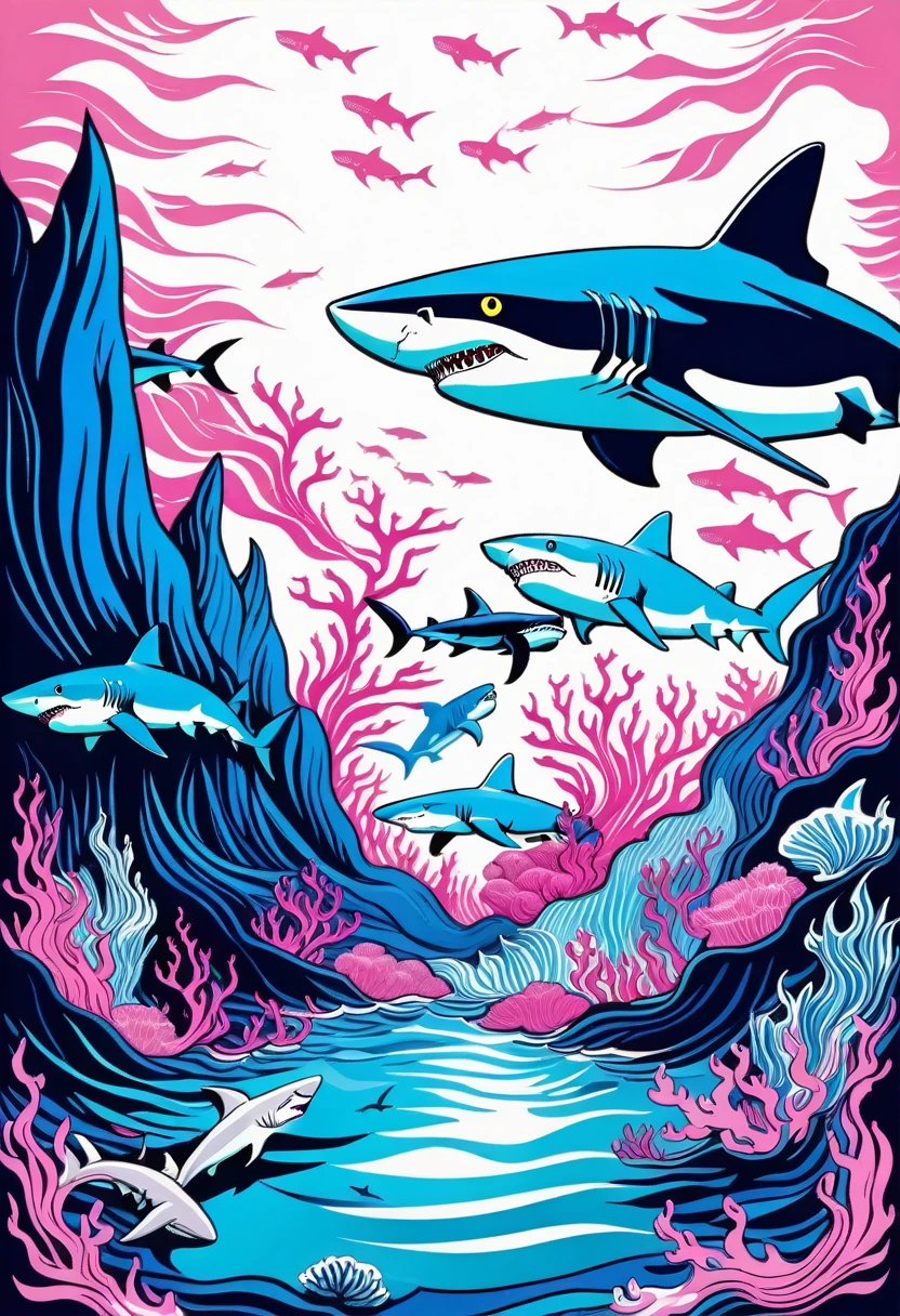 Deep blue fantasy landscape, Van Gogh style, Many cartoon sharks,Underwater swimming effect, Clear focus, Pink background,