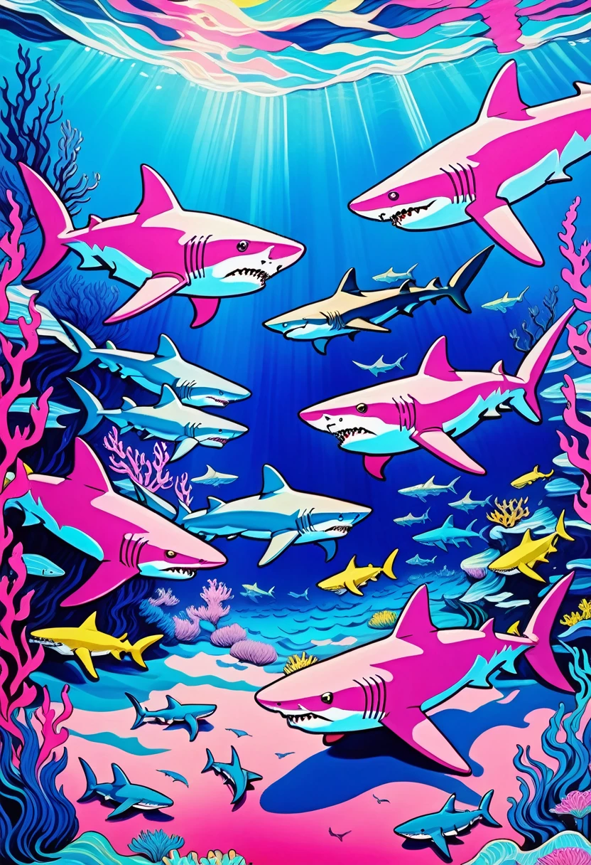 Deep blue fantasy landscape, Van Gogh style, Many cartoon sharks,Underwater swimming effect, Clear focus, Pink background,
