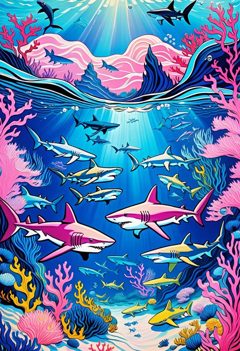 Deep blue fantasy landscape, Van Gogh style, Many cartoon sharks，Underwater swimming effect， Clear focus, Pink background,