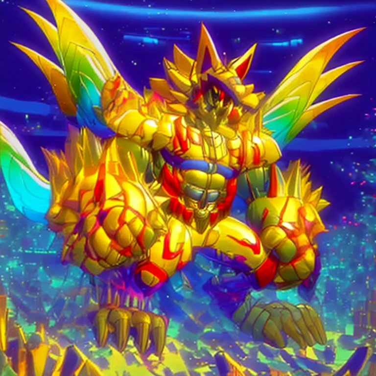(masterpiece. official art. 8k. best quality. detailed full body. full body.)

(situation 1 : dominating The Phoenix Wolf. The Phoenix Wolf is over 1000 meters long. focus giant mechanical Muscular The Phoenix Wolf is trampling the car. Looking down.)

(situation 2 :smoke and flames rising from the destruction in the city)

(Additional details 1: Wearing golden Armor. Cape. Helmet. real texture material. whole body shines like metal. emphasizes the muscles. suit fully made of metal. Robotic suit. no face.).

(Additional details 1.5: The arms are golden. The lower half of the body is golden. The wolf-shaped helmet has sharp fangs. The whole body is golden. The chest area is also golden. There is a ring above the head.).

(Additional details 2: Detailed head. Detailed Body. Detailed abs. gigantic muscles. HYPER MUSCLES. Gigachad Muscular. big muscle. pecs. triceps. traps. unusually developed muscular body. body full of huge muscles. showing off muscles. pectorales enormes. Exaggeratedly huge muscles. huge muscles. long legs.).

(Additional details 3: Spread wings. It has wings. The claws are sharp. Sharp teeth.). He is laughing defiantly. The claws are sharp. Sharp teeth.). 

(Additional details 3.5 : nj5furry,  He is laughing defiantly. medieval armor.). 