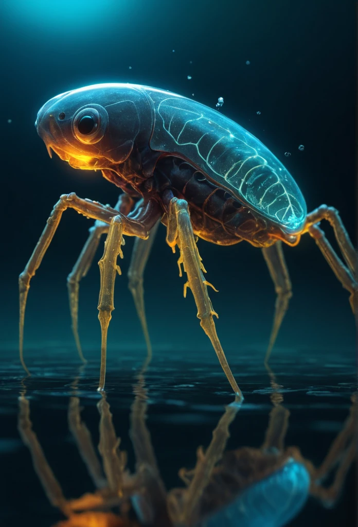 bioengineered creature, bioluminescence, water, reflections, colorful hazy background,