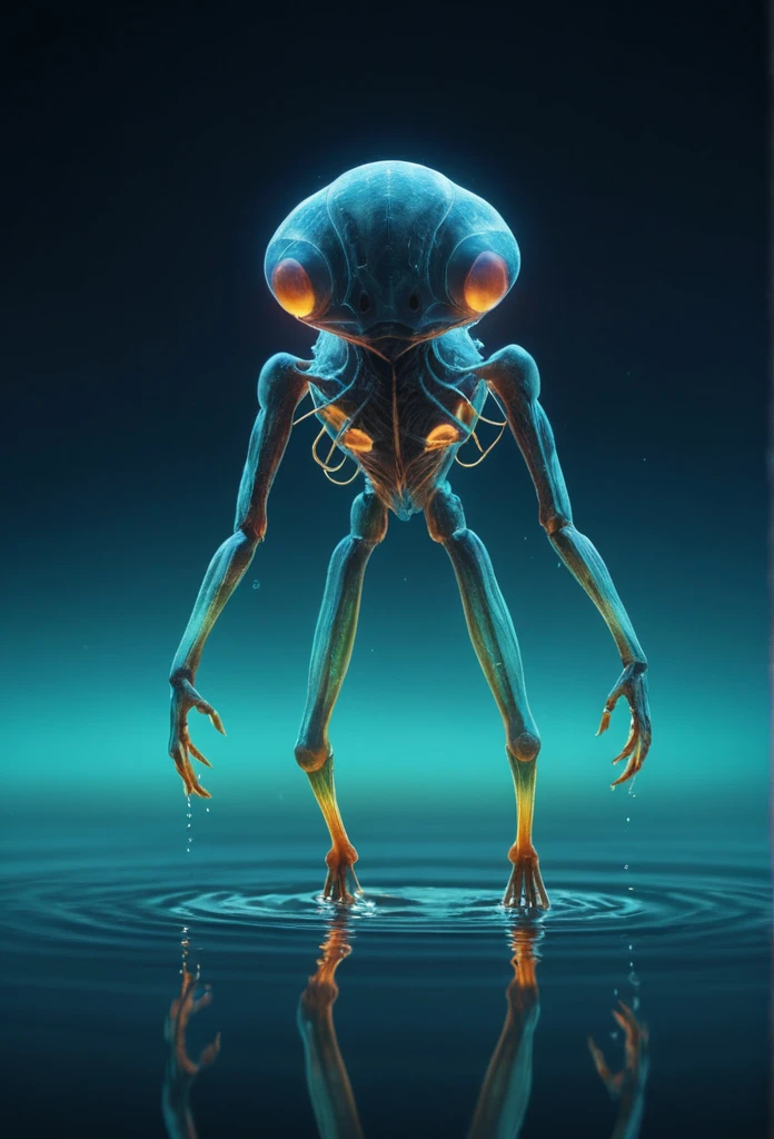 bioengineered creature, bioluminescence,  water, reflections, colorful hazy background, 