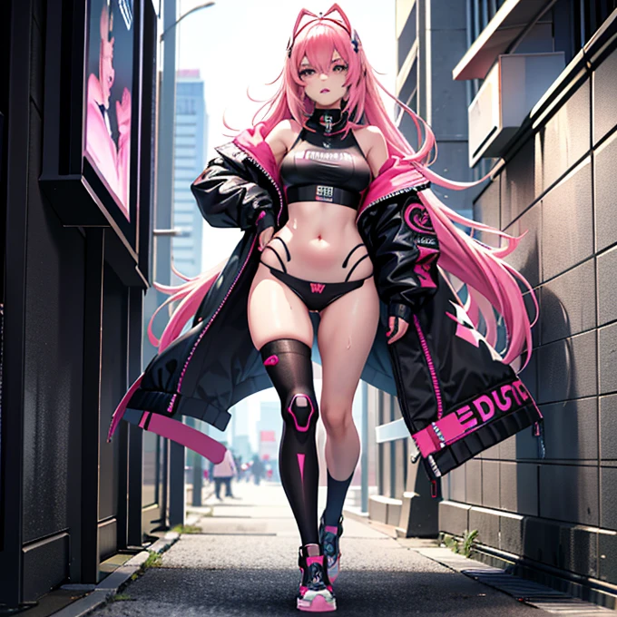 Full body like，Anime girl with pink hair and futuristic costume in the city, hiper-realistic cyberpunk style, cyberpunk anime girl, cyberpunk anime digital art, garota cyberpunk sonhadora, anime styling. 8K, female cyberpunk anime girl, digital cyberpunk - anime art, portrait anime space cadet girl, the portrait of the cyberpunk girl, beautiful cyberpunk girl face, anime styling 3d, photorealistic rendering of anime girl，(CRU photo:1.2)，camel-toe，Hollow in，sweaty legs，， pink and smooth skin, pele Ablaze metálica Ablaze, Ablaze, 　open your legs　legs in M shape,annoyed look,humor,vred， all over the body，Full body like,Breasts huge,thick-thighs