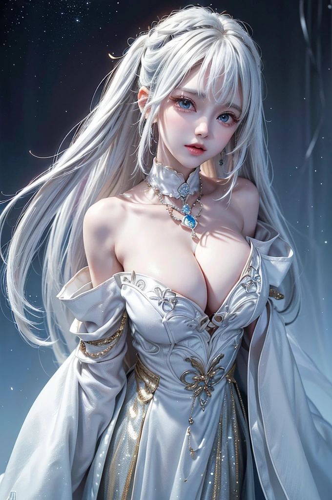 ((Image above the chest:1.5))((masterpiece:1.5、8K、Tabletop、フォトリアリスティックでVery detailedなCG、Very detailed、Particle Effects、Dynamic Effects、Shallow depth of field、Cinematic Light、Lens flare、Ray Tracing、Tabletop、Realistic:1.4、Ultra-high resolution:1.2、Realistic、Realistic))((alone、,A woman wearing a black fur coat over an off-the-shoulder sweater:1.4、Elegant and sexy woman、Detailed face、bright表情、young, bright, Whiter skin、Medium chest、Beautiful cleavage、Best Looks、Asian、Ultimate beauty、bright and shiny hair,、Super long, Silky straight hair、Hair dancing in the wind))(spectacular night sky、White Knight、Amazing starry sky)((shiny white hair))