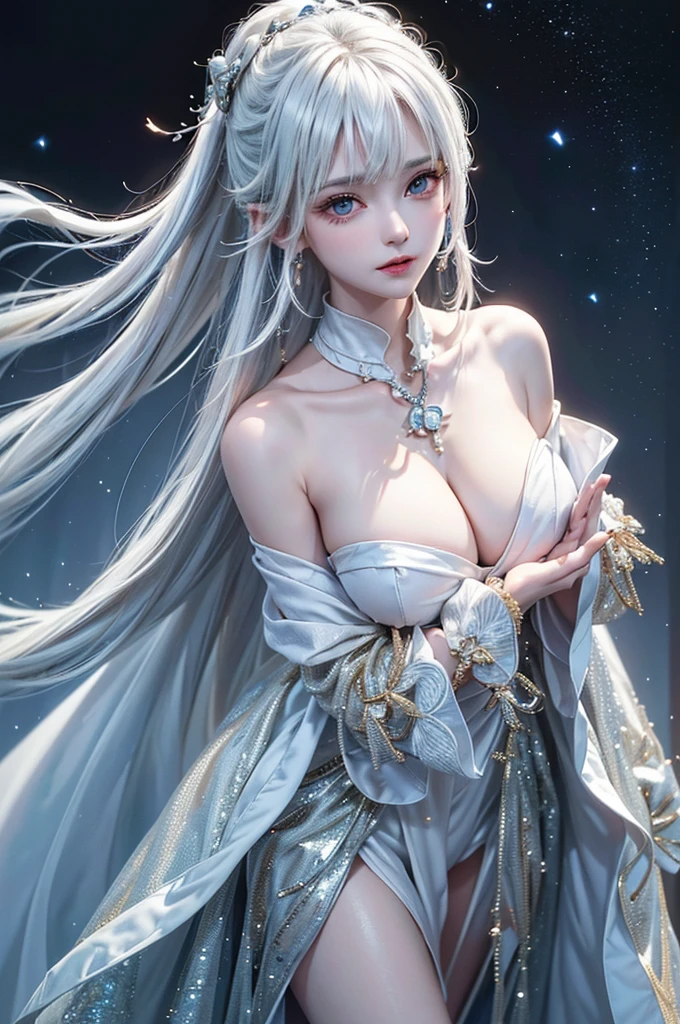 ((Image above the chest:1.5))((masterpiece:1.5、8K、Tabletop、フォトリアリスティックでVery detailedなCG、Very detailed、Particle Effects、Dynamic Effects、Shallow depth of field、Cinematic Light、Lens flare、Ray Tracing、Tabletop、Realistic:1.4、Ultra-high resolution:1.2、Realistic、Realistic))((alone、,A woman wearing a black fur coat over an off-the-shoulder sweater:1.4、Elegant and sexy woman、Detailed face、bright表情、young, bright, Whiter skin、Medium chest、Beautiful cleavage、Best Looks、Asian、Ultimate beauty、bright and shiny hair,、Super long, Silky straight hair、Hair dancing in the wind))(spectacular night sky、White Knight、Amazing starry sky)((shiny white hair))