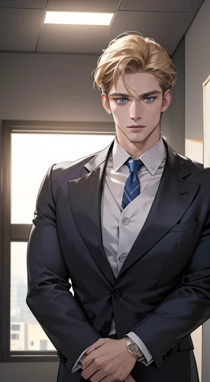 (best quality, masterpiece, 8K, photorealistic, cinematic lighting, hdr image, ultra detailed, beautiful image), 1 man, 31 years old, mature man, very handsome, (without expression, serious), short golden hair, blue grey eyes ( penetrating gaze), perfect face without errors, imposing posture, without errors, businessman, office background