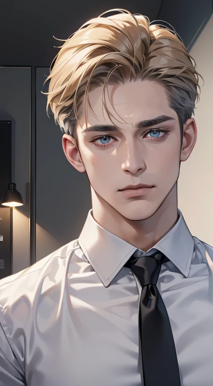 (best quality, masterpiece, 8K, photorealistic, cinematic lighting, hdr image, ultra detailed, beautiful image), 1 man, 31 years old, mature man, very handsome, (without expression, serious), short golden hair, blue grey eyes ( penetrating gaze), perfect face without errors, imposing posture, without errors, businessman, office background