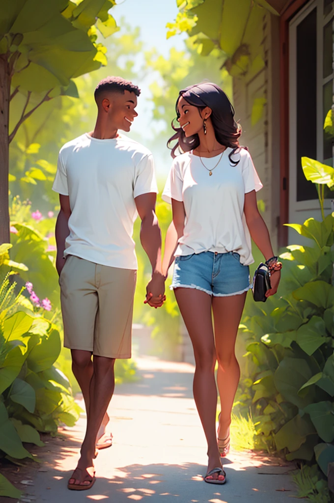 young woman in shorts, casual, modest, with her husband in shorts, holding hands, happy, talking to eachother, bbq, summer, outdoors,