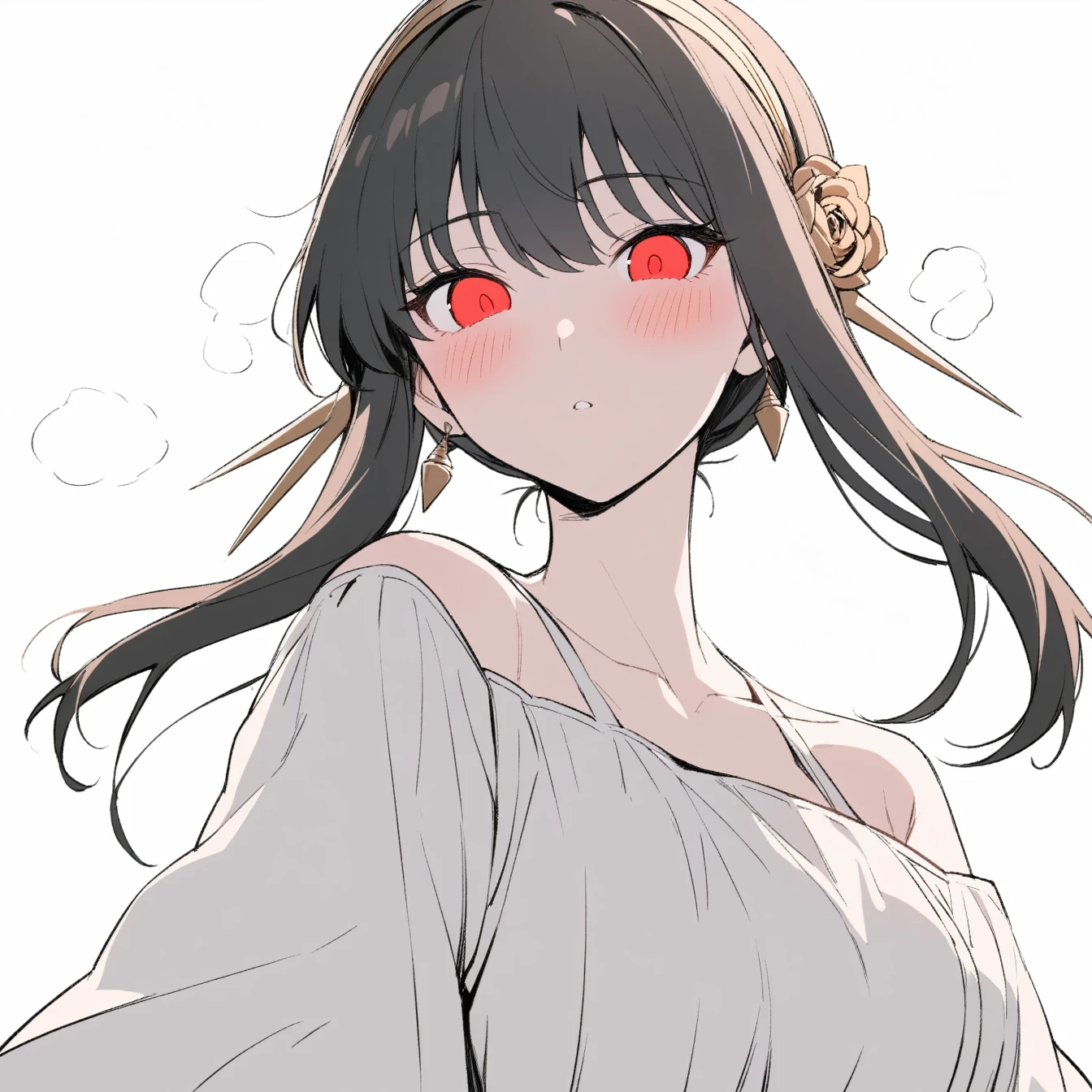 1 Girl, yorbriar,Yor briar,,Solitary, Viewers, Pure white background,blush, Red Eye,breathe, avatar,Half Body,Comic style without color,angle, masterpiece, best quality