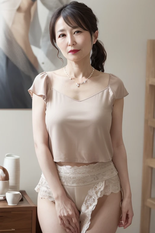 a beautiful 55 year old mature japanese woman, married woman, thin frame, long eyelashes, sparkling eyes, low ponytail, red lipstick, elegant, stunning body, frilled trim top, skirt, lifting skirt, beige panties visible, pearl necklace, photograph, sensual pose, viewer discretion advised