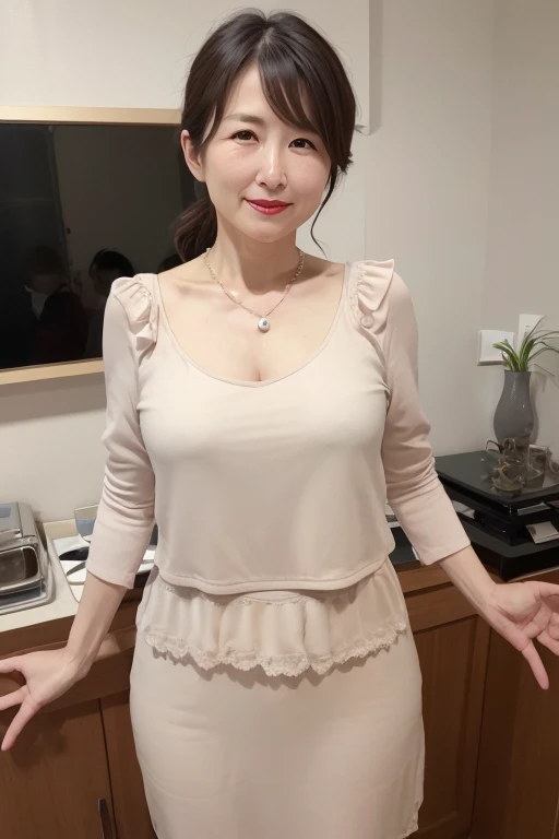 Beautiful mature Japanese woman aged 55, Nymphomaniac, Long eyelashes, Super long hair, Red lipstick, Pearl Necklace, Earrings, Dark eyeshadow, Large Breasts, Big Breasts, Cleavage, negligee, sexy,