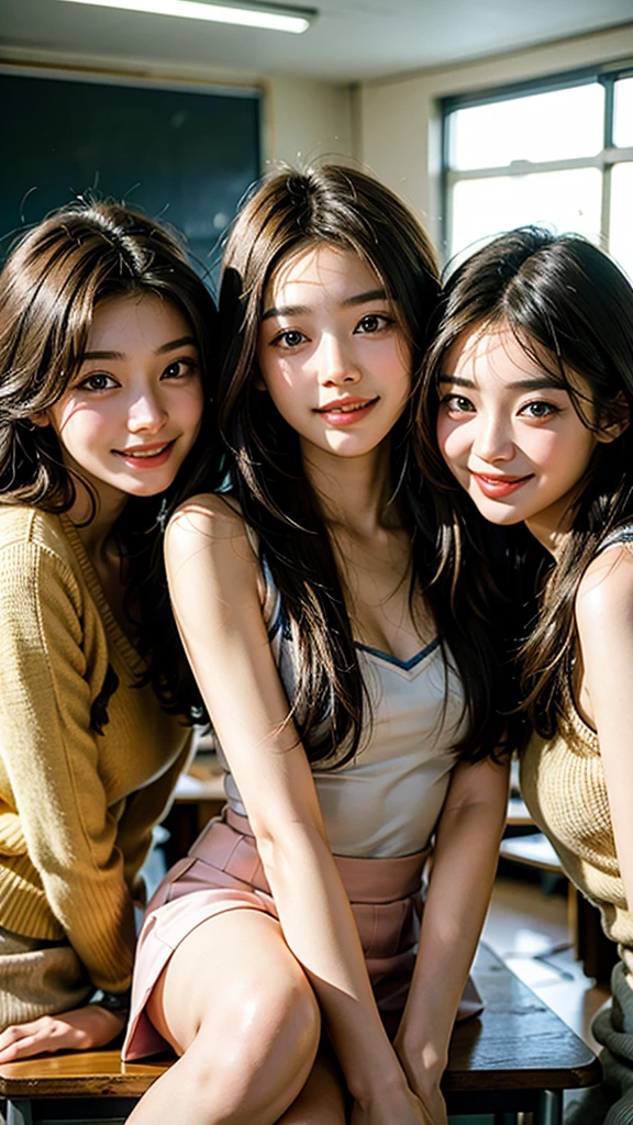 highest quality, masterpiece, ultra high resolution, (realistic:1.4),Korean High School Students,3 girls,18-year-old,High ,A classroom with desks lined up,Three people smiling side by side in the classroom,I'm showing my teeth and smiling,The three of us face each other,Commemorative photo,Raw photo,detailed face,beautiful skin,Long and beautiful hair,bright lighting,realistic classroom,