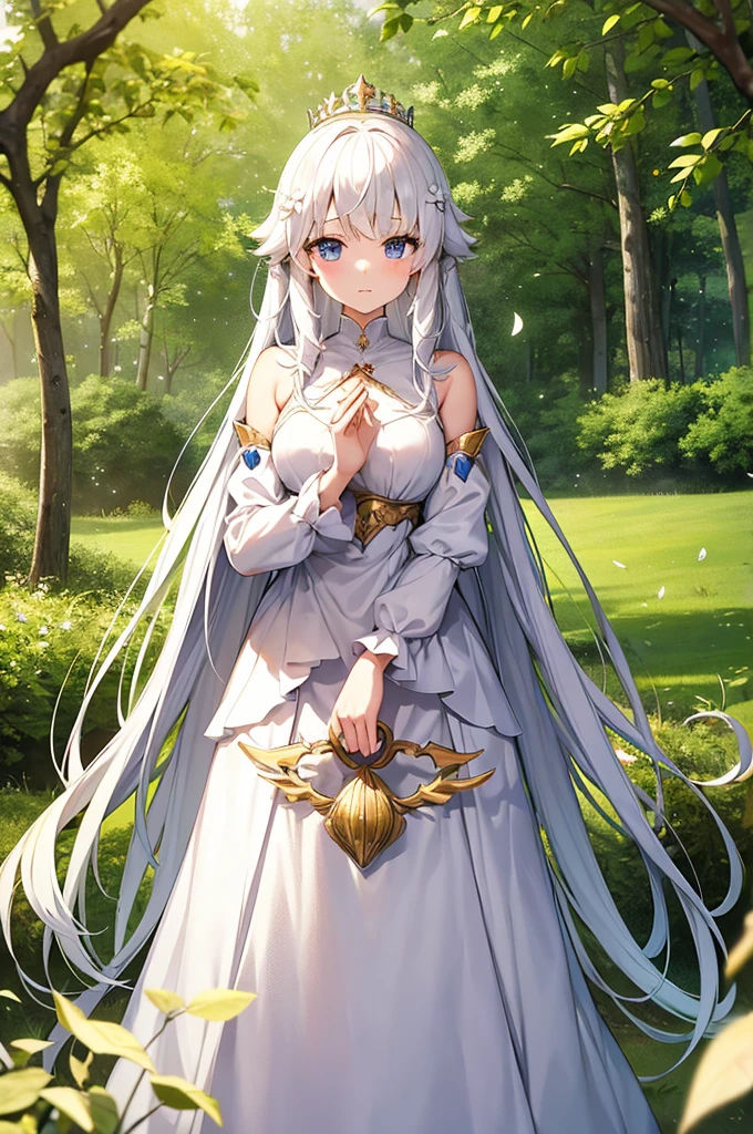 Anime princess with a long, white dress that covers most of her body. Her hands are at her side, and her crown it made of twigs and branches, representing her connection and care for nature. Background of a forest