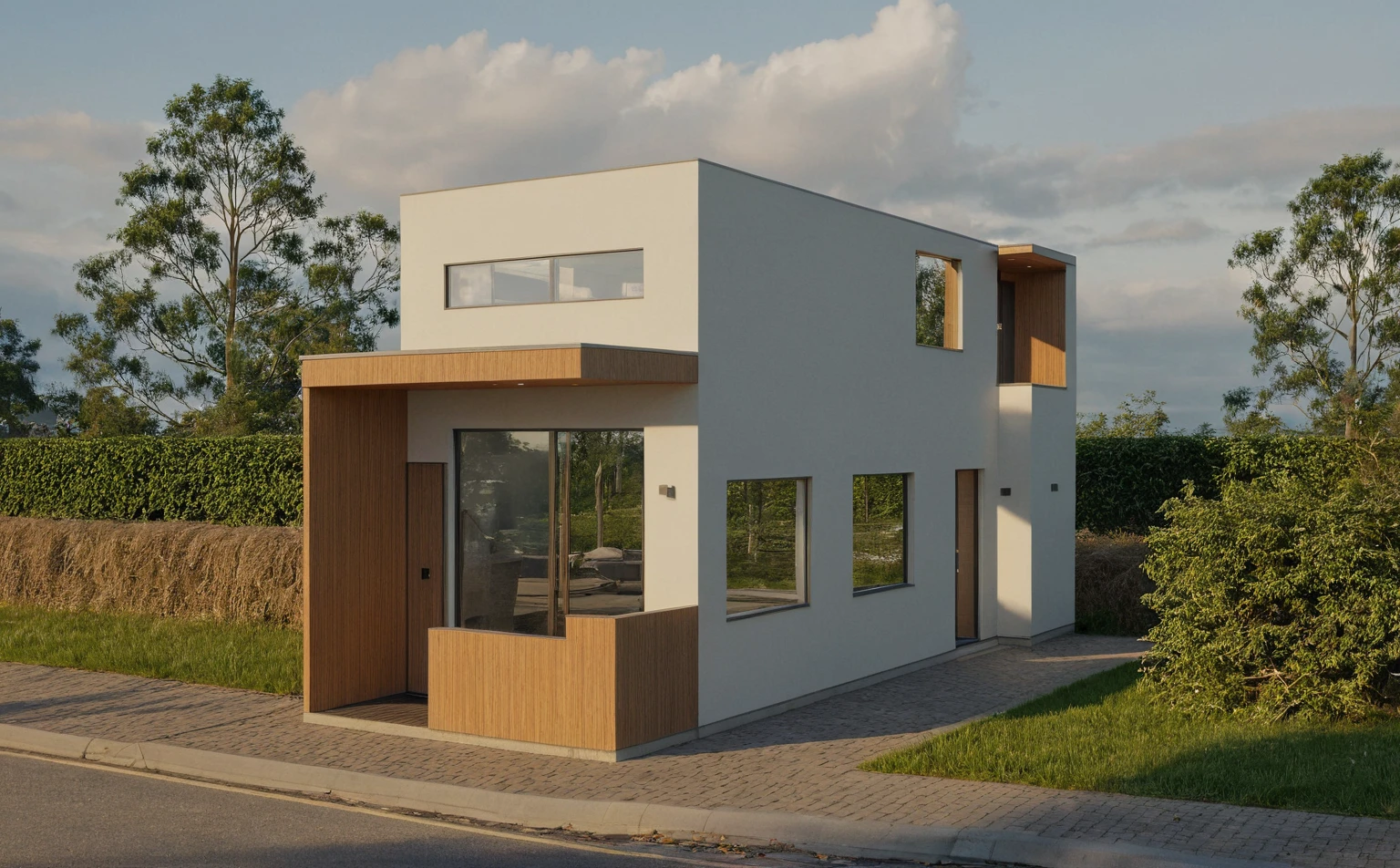 Raw photo,Masterpiece, high quality, best quality, authentic, super detail,
exterior, outdoors, house style modern on the street, glass windows, wood gate,
road,pavement, trees, sky, cloud, (daylight:1.1)