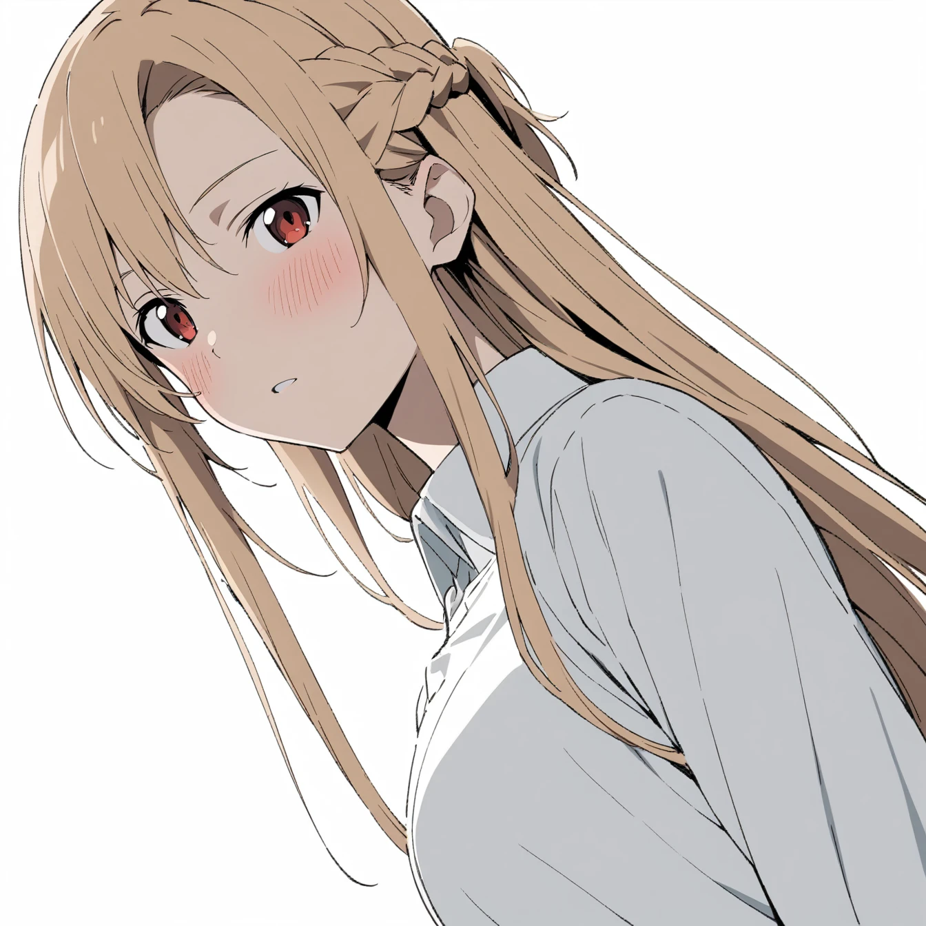 1 Girl, Asuna,Sword Art Online,,Solitary, Viewers, Pure white background,blush, Red Eye,breathe, avatar,Half Body,Comic style without color,angle, masterpiece, best quality