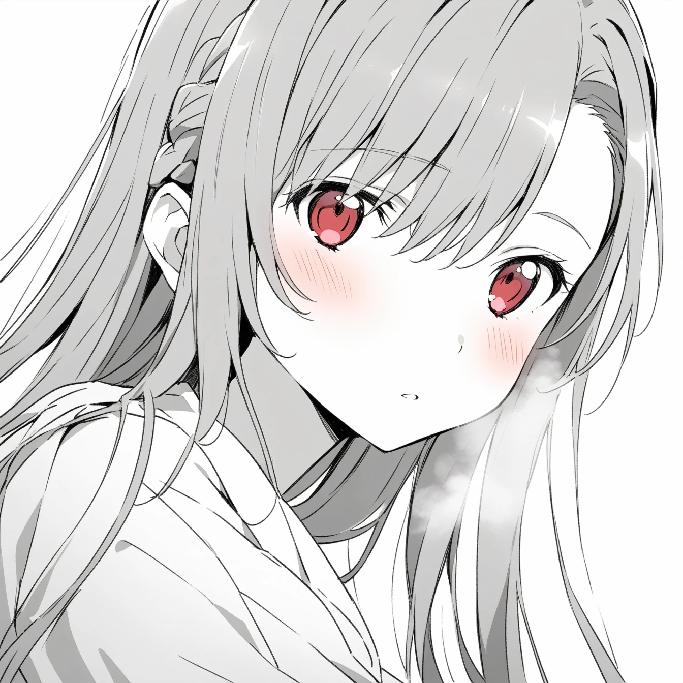 1 Girl, Asuna,Sword Art Online,,Solitary, Viewers, Pure white background,blush, Red Eye,breathe, avatar,Half Body,Comic style without color,angle, masterpiece, best quality