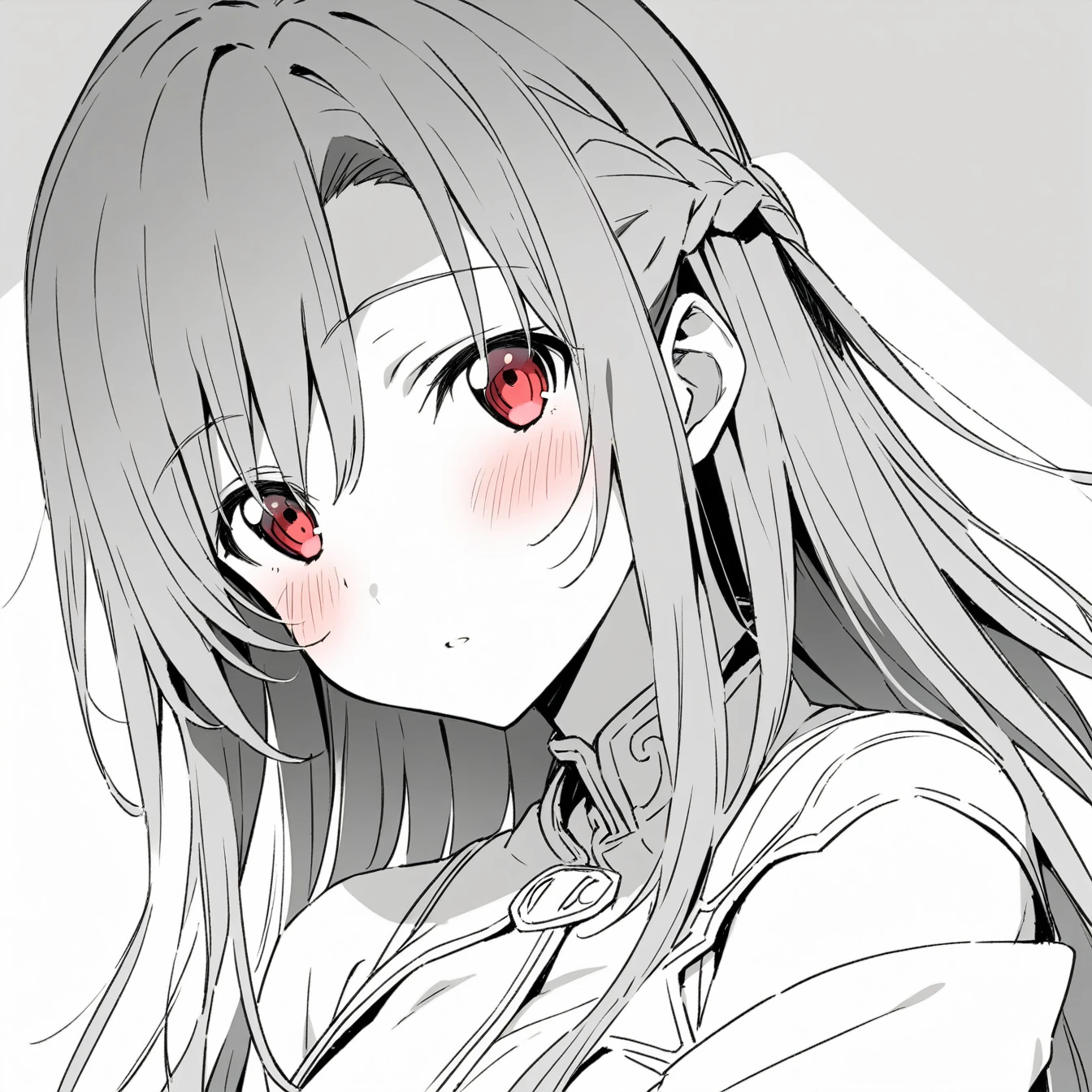 1 Girl, Asuna,Sword Art Online,,Solitary, Viewers, Pure white background,blush, Red Eye,breathe, avatar,Half Body,Comic style without color,angle, masterpiece, best quality