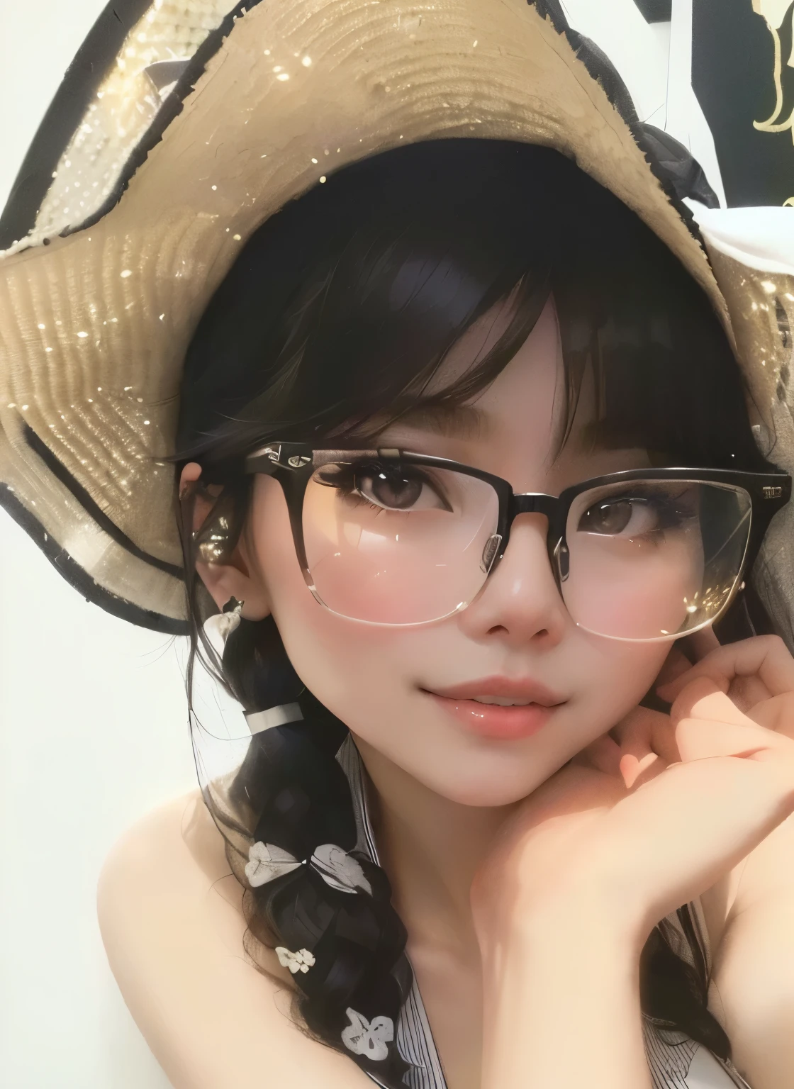 A lady wearing a hat and glasses is posing for a photo, wear glasses, with square glasses, Wearing long, round glasses, xintong chen, Gu Weiss, Avatar Profile Picture, Transparent glass, Wearing square glasses, Belle Delphine, wenfei ye, Clear lips and high quality, 18 years old, wear glasses, xision wu, clear cute face