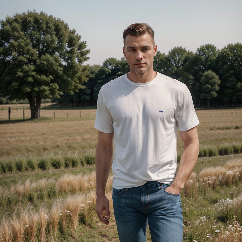 white man walking in the field, Perfect face, classic clothing with jeans with a suit and sportswear, well dressed, in sportswear, raphael personnaz, wear jeans, profile headshot, viste un firmal, business shave hair, short hair, caucasian white, 20 years