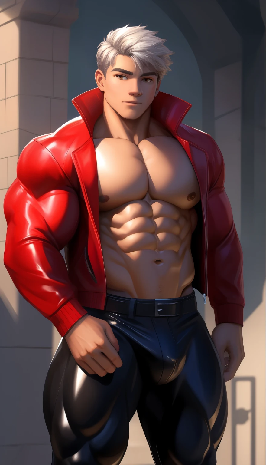 A teen ( face) old teenager (15 yearvery attractive boy, standing, full body. Mexican ethnicity. tanned skin, silver white hair, short hair bangs that fall on both sides of his youthful face. carefree expression, young man, alone, marked muscles, beautiful musculature, aesthetic stretch marks, inspiring physique, slender muscles, square pecs, beautiful V-cone, excellent abs and torso, chiseled abs, pectorals chiseled, perfect massive muscles, inflated muscles, voluminous pectorals, massive muscular body, a huge gigantic chest with a narrow waist, huge shoulders, ridiculously well-shaped large pecs, eight chiseled abs, (very toned and huge) with his military haircut and voluminous neck, narrow waist, golden eyes, young face, beautiful, young. Teen muscular young bodybuilder with extraordinary and firm back, chiseled muscles, rhomboid muscles, latissimus dorsi. Gigachad. He wears a red leather jacket (RED JACKET) that reaches the height of his ribs and is open. (Bare torso) and tight black leather pants, he does not use a belt. He is shirtless under his jacket, which highlights his prominent abs and pectorals. He doesn't wear a belt. His muscles stand out. Ruins of a Jedi temple background. Standing, full body. (((Back))) huge, firm and muscular thighs, round buttocks and round butt with back, huge ass ((firm buttocks)) with big butt. (((black leather pants))) (((Exposed muscular torso. Open leather jacket.))) (RED JACKET) (RED JACKET) (RED JACKET) (RED JACKET) (RED JACKET) (RED JACKET) (RED JACKET) (RED JACKET)
