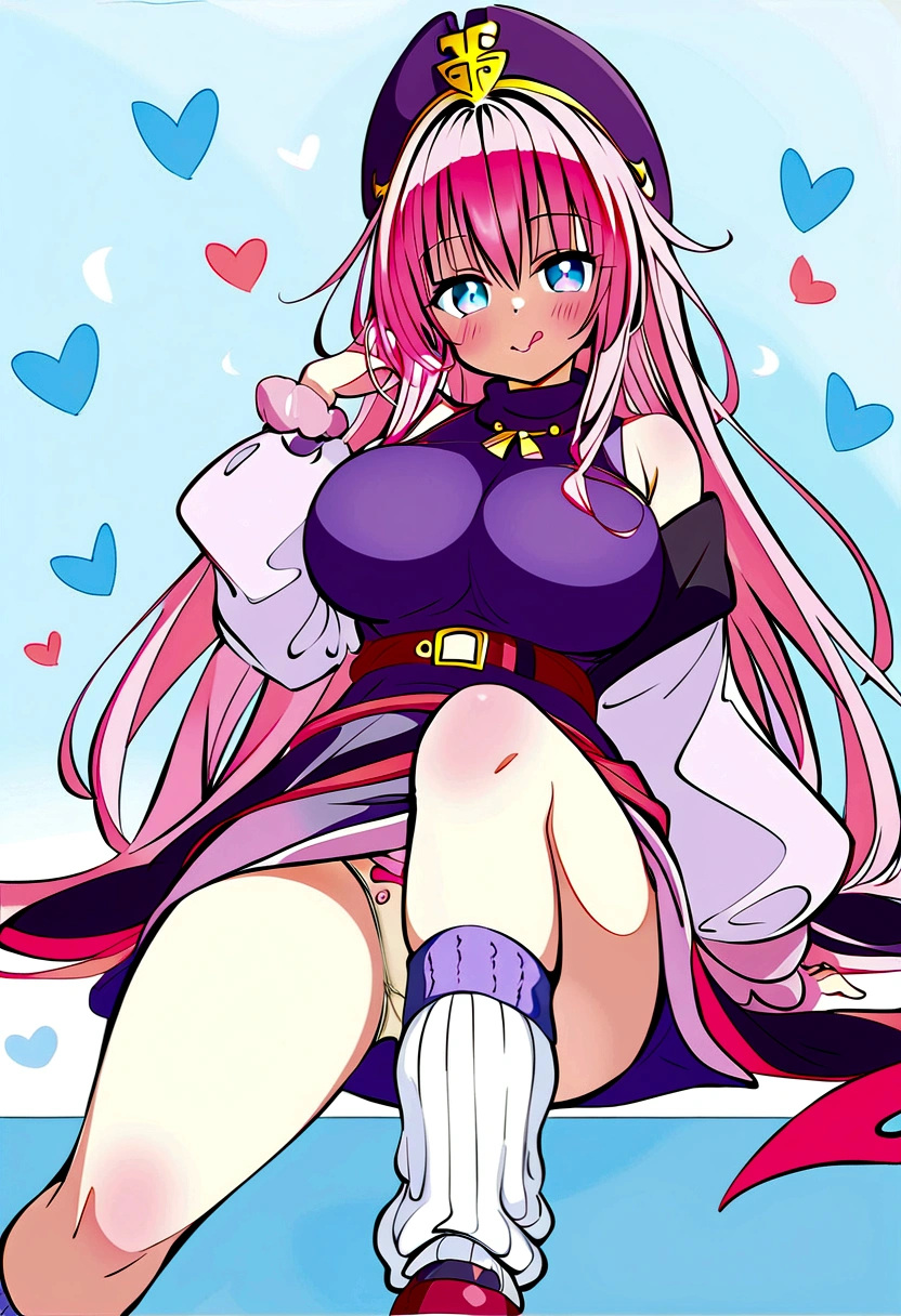 To Love-Ru、Purple off-the-shoulder mini skirt dress、Pink Hair、Big Breasts、White panties、Light purple loose socks、Provocative look、Raw thighs、Light blue eyes、Belt only on left thigh