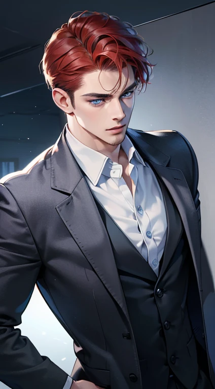 (best quality, masterpiece, 8K, photorealistic, cinematic lighting, 1:4 hdr image, ultra detailed, beautiful image), a mature man, 34 years very handsome, ((cold expression)), short red hair, blue eyes, face perfect without mistakes, ((buttoning his jacket, CEO))