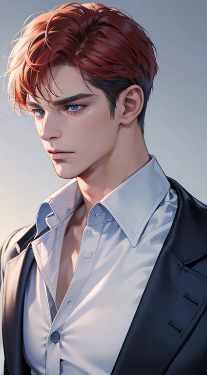 (best quality, masterpiece, 8K, photorealistic, cinematic lighting, 1:4 hdr image, ultra detailed, beautiful image), a mature man, 34 years very handsome, ((cold expression)), short red hair, blue eyes, face perfect without mistakes, ((buttoning his jacket, CEO))