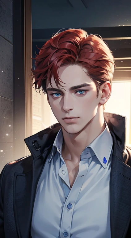 (best quality, masterpiece, 8K, photorealistic, cinematic lighting, 1:4 hdr image, ultra detailed, beautiful image), a mature man, 34 years very handsome, ((cold expression)), short red hair, blue eyes, face perfect without mistakes, ((buttoning his jacket, CEO))