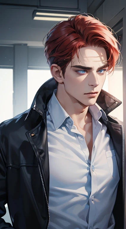 (best quality, masterpiece, 8K, photorealistic, cinematic lighting, 1:4 hdr image, ultra detailed, beautiful image), a mature man, 34 years very handsome, ((cold expression)), short red hair, blue eyes, face perfect without mistakes, ((buttoning his jacket, CEO))