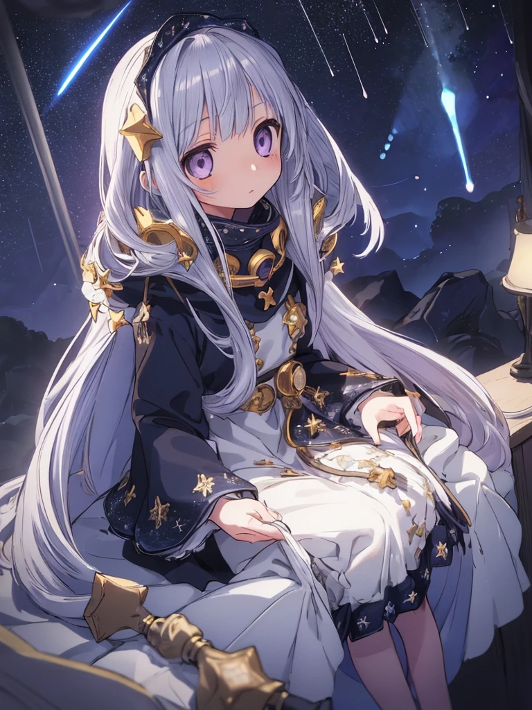 confused, High resolution, (An illustration: 1.3)、 ((pieces fly)), anime、((highest quality)), (Super detailed), (beautiful), ((A girl looking up towards the detailed stars in the night sky:1.6)), alone,(12 years old:1.6)、cute face、Full body Esbian、white and clear skin、beautiful detailed purple eyes、(Long hair that shines silver in the dark:1.4)、shy、Low - Angle、(Full body Esbian)、Low - Angle、Cute one-piece figure、detailed meteor shower