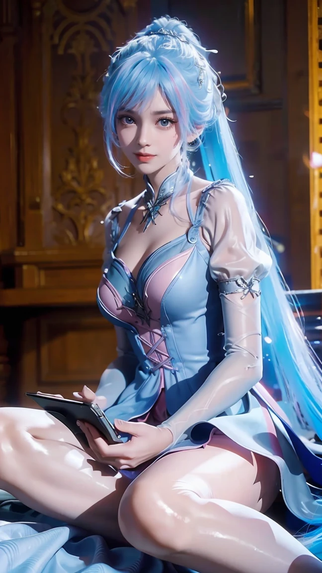 a beautiful young woman with long hair, wearing a nightgown, sitting on a bed, barefoot, in a dress, lying on her side, cross-legged, full body shot, (best quality,4K,8K,highres,masterpiece:1.2),ultra-detailed,(realistic,photorealistic,photo-realistic:1.37),beautiful detailed eyes,beautiful detailed lips,extremely detailed eyes and face,longeyelashes,natural lighting,warm tones,soft focus,portraits,clair obscur,depth of field,Double tail,Colored hair,Pink and Blue Ombre Hair