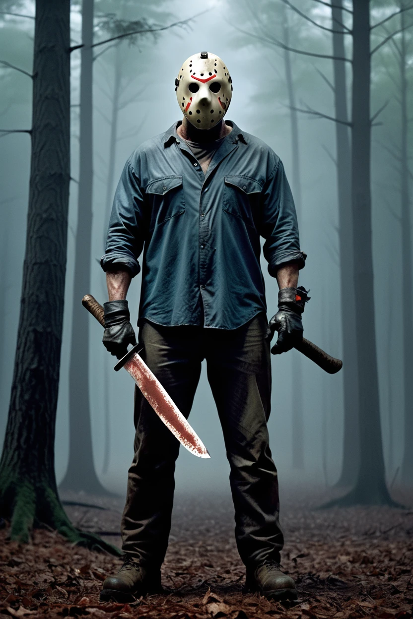 A menacing full-body shot of Jason Voorhees, the iconic horror movie villain from Friday the 13th. He stands approximately 188cm (6 feet 2 inches) tall with a muscular, imposing build. Jason wears a weathered, dirty white hockey mask with red triangular markings covering his face. His outfit consists of a tattered dark blue or gray work shirt, worn-out brown or black pants, and heavy black boots.
In his right hand, he grips his signature weapon - a large, rusty machete. His left hand is clenched in a fist. Jason's posture is slightly hunched and menacing. His body shows signs of decay, with exposed bones and rotting flesh visible in places, reflecting his undead status.
The background should be a dark, misty forest at night near Crystal Lake. Moonlight filters through the trees, casting eerie shadows. The atmosphere is tense and foreboding, capturing the essence of the Friday the 13th films.
Use a cinematic lighting style to enhance the horror elements, with strong contrasts between light and shadow. The overall color palette should be cool and desaturated, emphasizing blues and grays with touches of red for blood and Jason's mask markings.
Ensure the image has a high level of detail, particularly in Jason's mask, clothing textures, and the forest environment. The final result should be photorealistic and terrifying, staying true to Jason's appearance in the later films of the franchise.