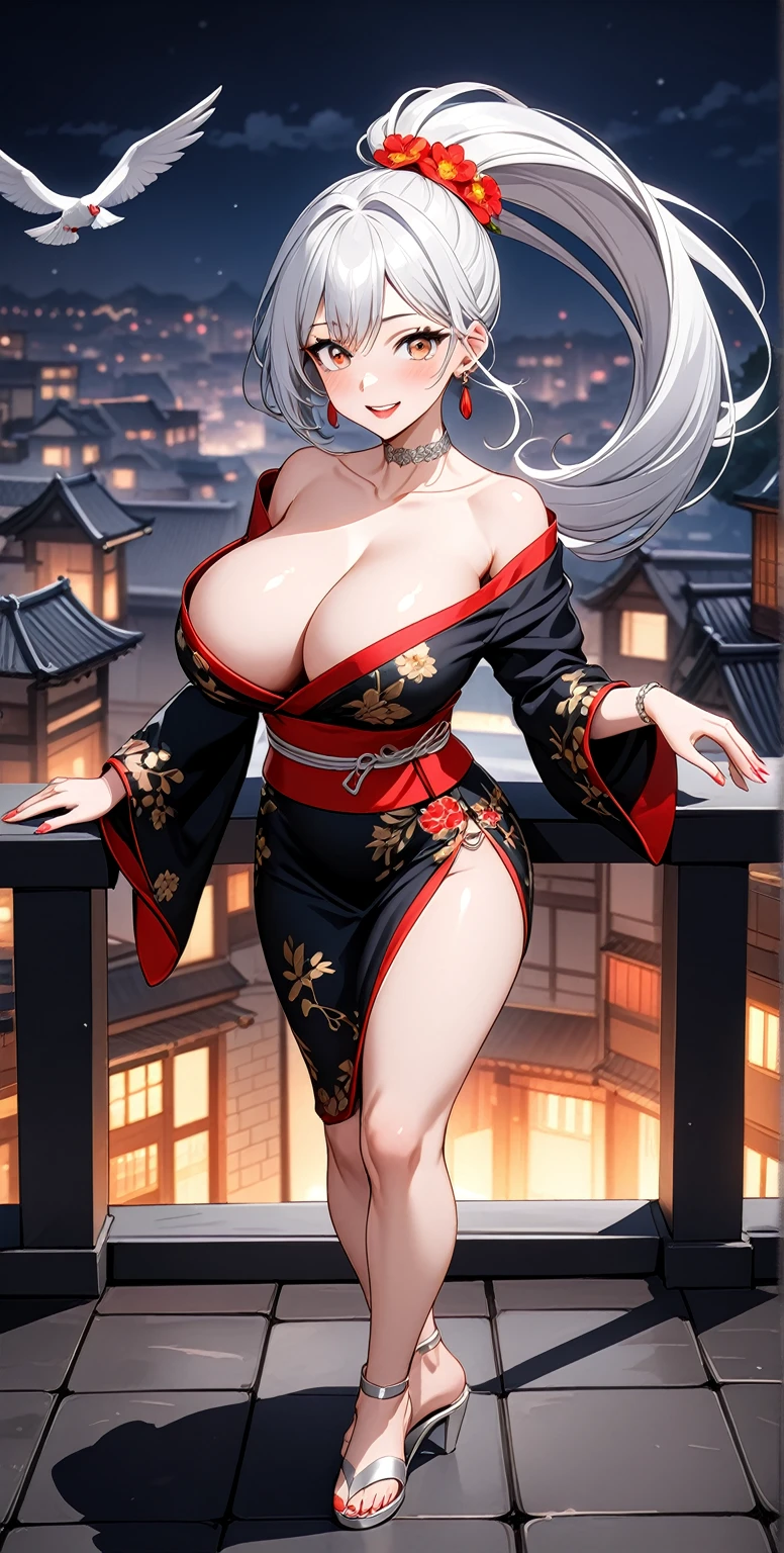 ((One personの女性)), Beautiful Face, full body, (Laughing embarrassedly), (laugh:1.2),((Wink:1.7)), (head tilt:1.3), Laugh with your mouth wide open, upper teeth, looking down at viewer, ((Bright red cheeks:1.4)),Glossy Red Lips,rooftop, firework, Glossy red lips, Shining Face, ((Anime style background)),masterpiece, Highest quality, so beautiful,up to date, Complex details, (Pink long nails),(ring),(bracelet),(Floral choker),AI-generated, Complex,High resolution, Highest quality, super high quality,3D Images、3D Images,One person,Long white hair,High Ponytail, Anime woman posing for a photo,(blue eyes), ((Fine grain、Silvery white, lightly pigmented eyes、Shining Eyes:1.4)), (Squint your eyes:1.1), beautiful detailed eyes, a hyperRealistic , hyperRealistic , Realistic,Anime woman with long white hair, Smooth anime CG art, A woman in a colorful kimono with gold embroidery, (Black long sleeve kimono),Red floral pattern,(black stiletto sandals), Long flower hair ornament,Earrings,Mature Body,(Big Breasts:1.1),Tall,Abdominal muscles,Tight waist, ((pigeon toed:1.4)), (front view),
