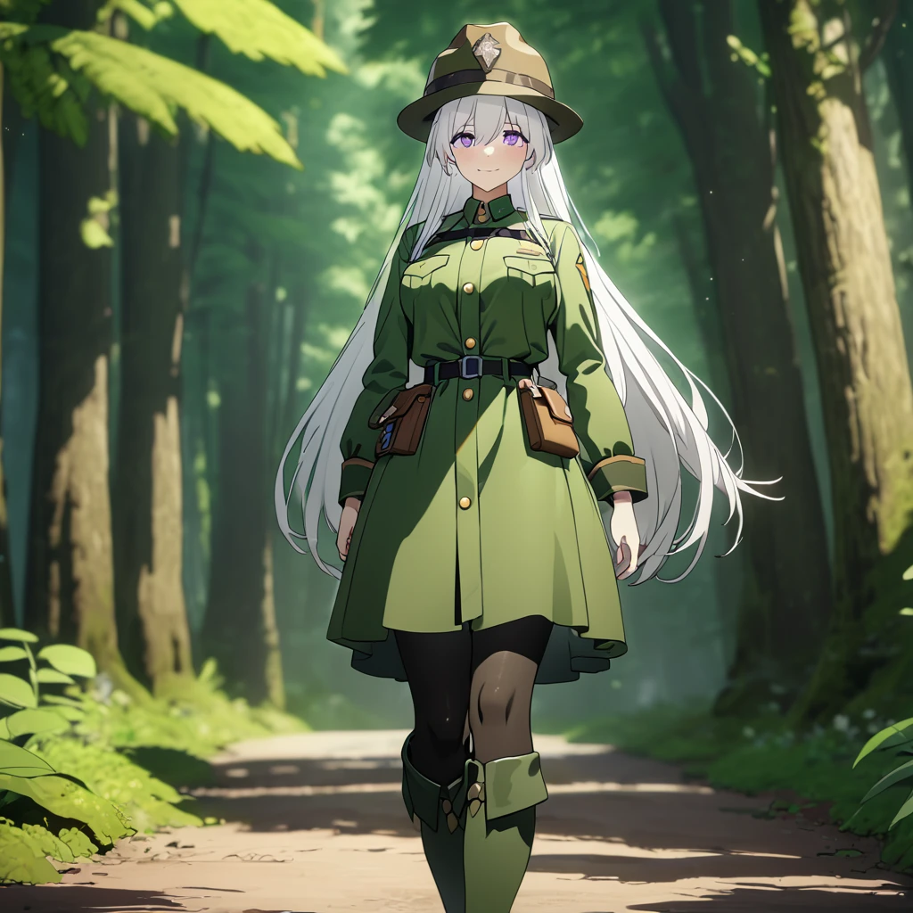 A woman wearing a forest ranger uniform, moss green uniform, ranger hat, close view, walking on a dirt road in a forest, green boots, wearing sunglasses, white hair, long hair, purple eyes, smiling, big breasts , place by day. UHD , prime work , accurate , anatomically correct , textured skin , super details , high quality , best quality, 8k, high resolution, bokeh effect. (woman alone), close view
