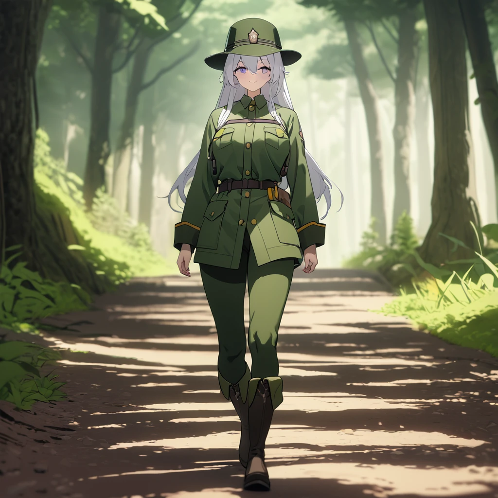 A woman wearing a forest ranger uniform, moss green uniform, ranger hat, close view, walking on a dirt road in a forest, green boots, wearing sunglasses, white hair, long hair, purple eyes, smiling, big breasts , place by day. UHD , prime work , accurate , anatomically correct , textured skin , super details , high quality , best quality, 8k, high resolution, bokeh effect. (woman alone), close view
