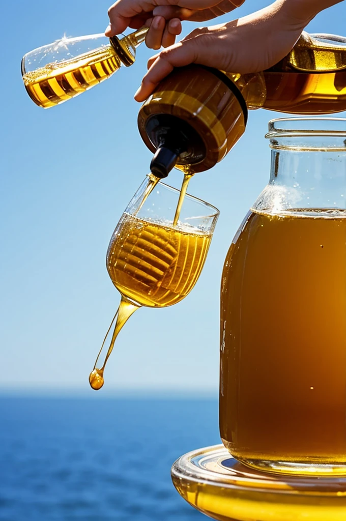 A bee that pouring a honey to a cup of bottle
