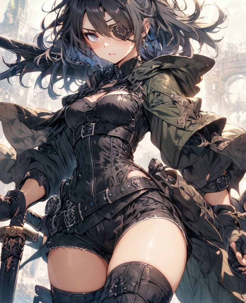 Black Hair　Tolerate　Eye patch　Short Sword　Thighs　Black clothes　