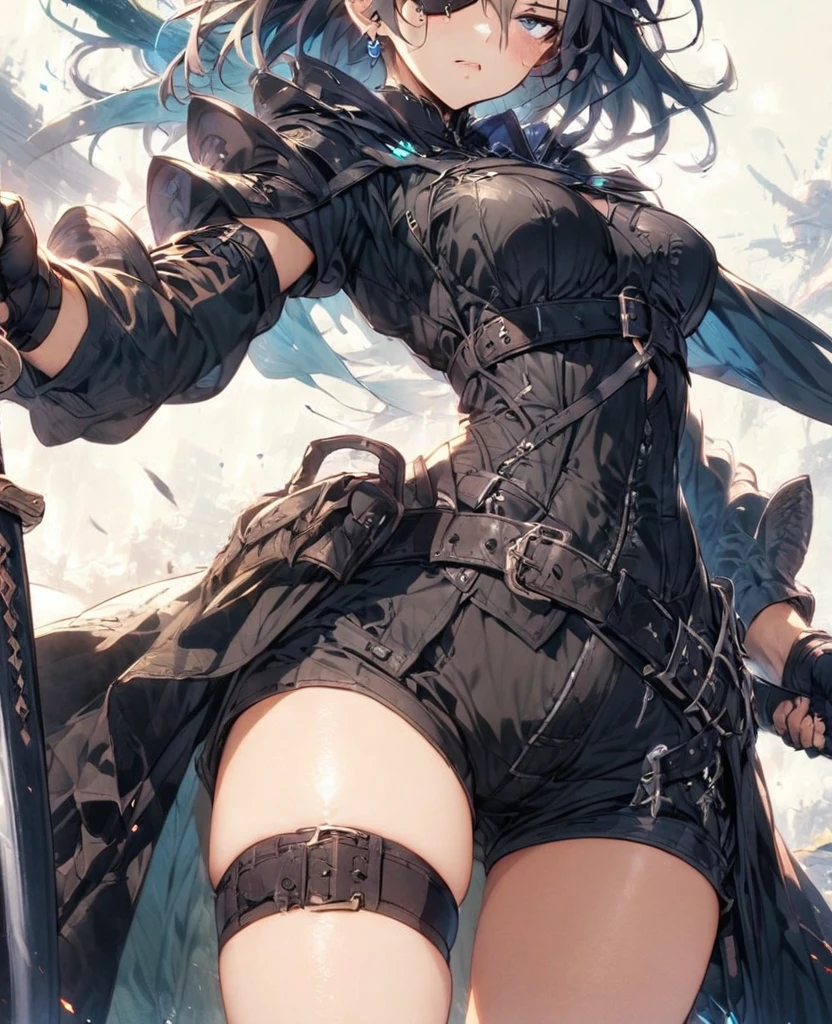 Black Hair Tolerate Eye patch Short Sword Thighs Black clothes