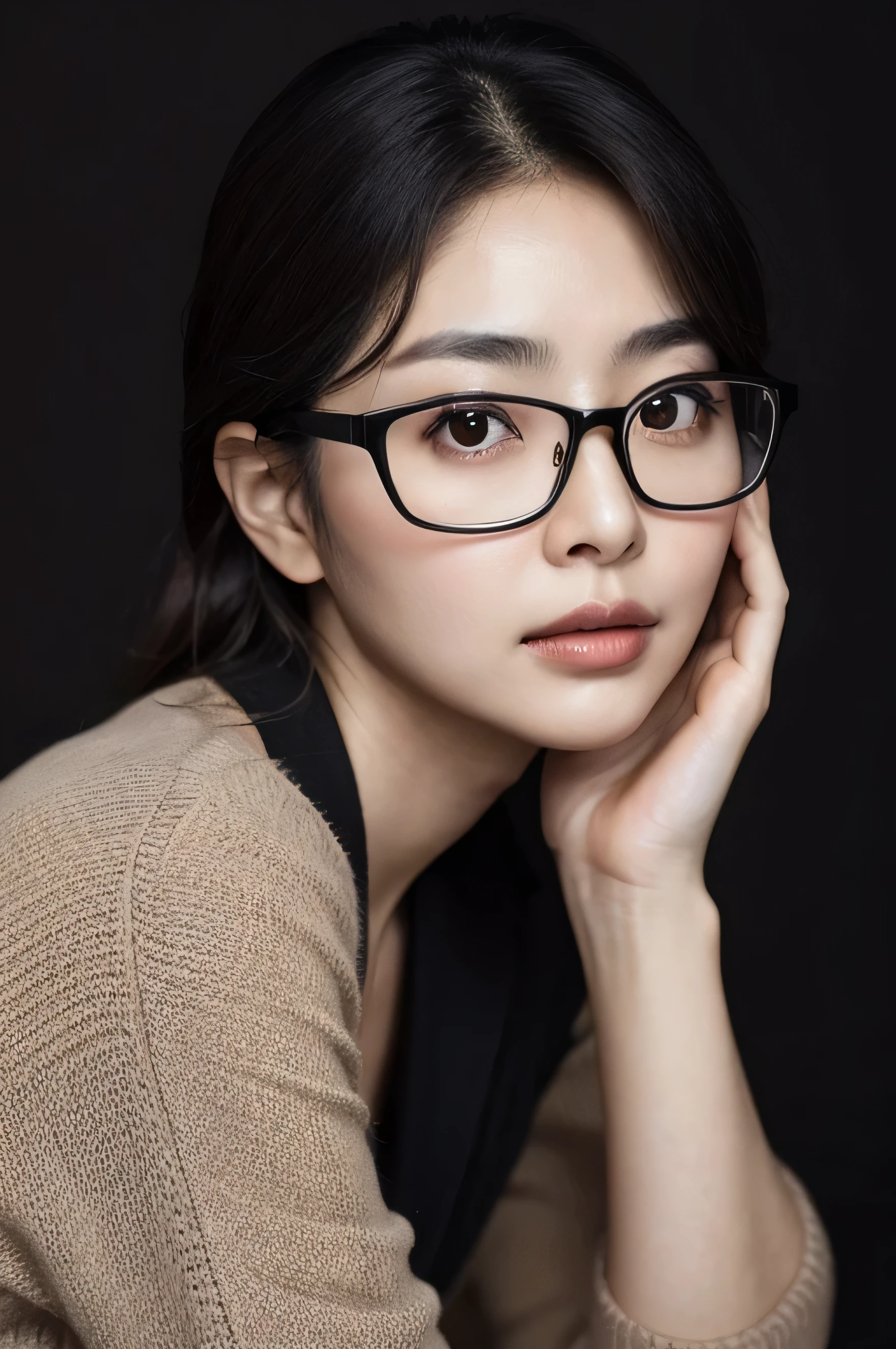 face perfect, beautiful face of a Korean woman, 40 years old, with black background ,with glasses