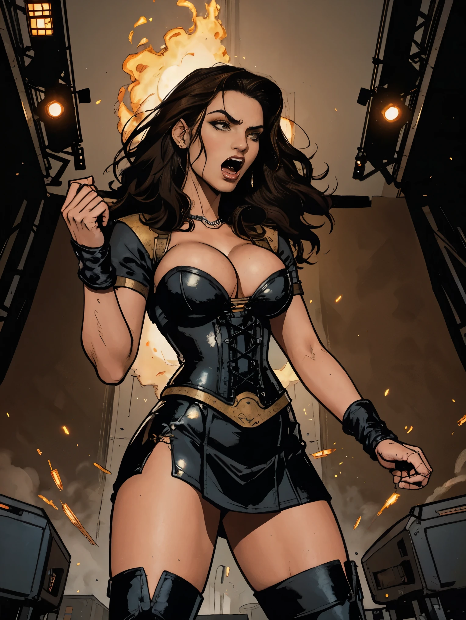 Extremely busty thin and toned brunette death metal singer, college girl, fair skin, big hair, hair pulled back, soft face, athletic, heavy makeup, piercings, black leather, studs, corset, boots, fingerless gloves, tight skirt, chains. standing on a stage, pyrotechnics, holding a microphone, metal concert. (microphone, fist in the sky), angry, rage, screaming. Heavy metal. Death metal. Explosions, fire.