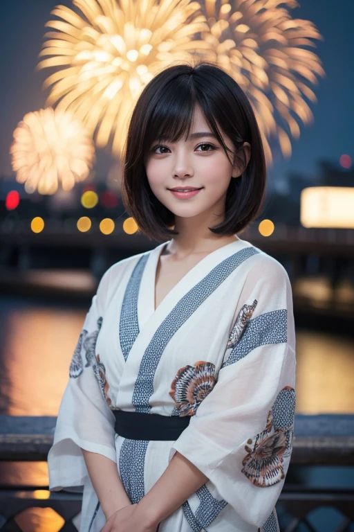 girl, White skin, Dark brown short tiered hair, V cut with layers and bangs, Brown eyes, Soft atmosphere characteristics (Highest quality, Ultra-high resolution, 8K, RAW Photos, Ultra-high resolution: 1.2, masterpiece: 1.2), (Realistic, Realistic: 1.37), Very detailed, Professional Lighting, Photon Mapping, Radio City, Physically Based Rendering, Japanese, One Girl, alone, Black Hair, cute, Nice, Adorable, A light smile, Normal chest, Yukata、Fireworks display