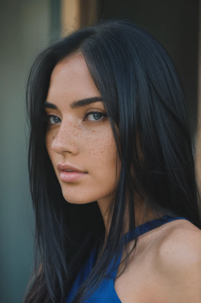 ((best quality)), ((masterpiece)), (detailed), 1 beautiful woman with freckles, long black hair, caring face, deep serene look, background and blue color,