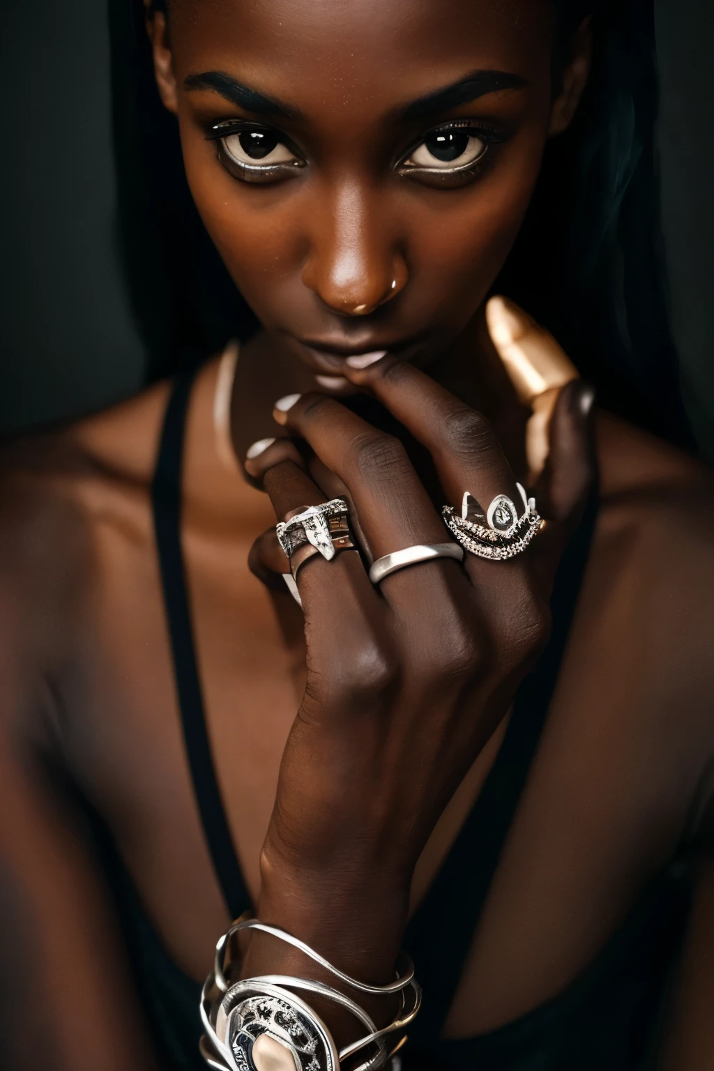 a haunting a mysterious puzzle of a lady, side glances to camera, dark skin, mixed cultures, staring intense, her hand adorned with silver elegant rings, artistic rings stunning, display each finger, skin metal contrast, attractive danger, she looks to us, see into your soul, good luck, stylized dark clothing layers, dark room, moon light