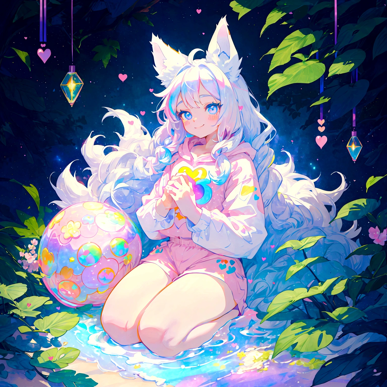 a cute adult male with wolf ears, long white hair, long locks, has a wolf tail, thick thighs, wide hips, short, wearing pink romper with a hood and pink shorts, has heart on chest, has bunny ears on hood, very slim, showing slender tummy, squishy thighs, has glowing blue eyes. alone, solo (ALONE)(SOLO), surrounded by rainbows, colorful galaxy backround, smiling, on knees ontop of a pile of fluffy plushes, plushies everywhere, kawaii plushies, surrounded by bubbles, surrounded by rainbow leaves, thicc thighs, stretching out, hands covered