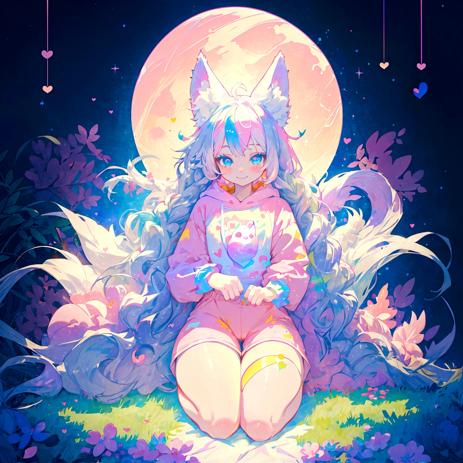 a cute adult male with wolf ears, long white hair, long locks, has a wolf tail, thick thighs, wide hips, short, wearing pink romper with a hood and pink shorts, has heart on chest, has bunny ears on hood, very slim, showing slender tummy, squishy thighs, has glowing blue eyes. alone, solo (ALONE)(SOLO), surrounded by rainbows, colorful galaxy backround, smiling, on knees ontop of a pile of fluffy plushes, plushies everywhere, kawaii plushies, surrounded by bubbles, surrounded by rainbow leaves, thicc thighs, stretching out, hands covered