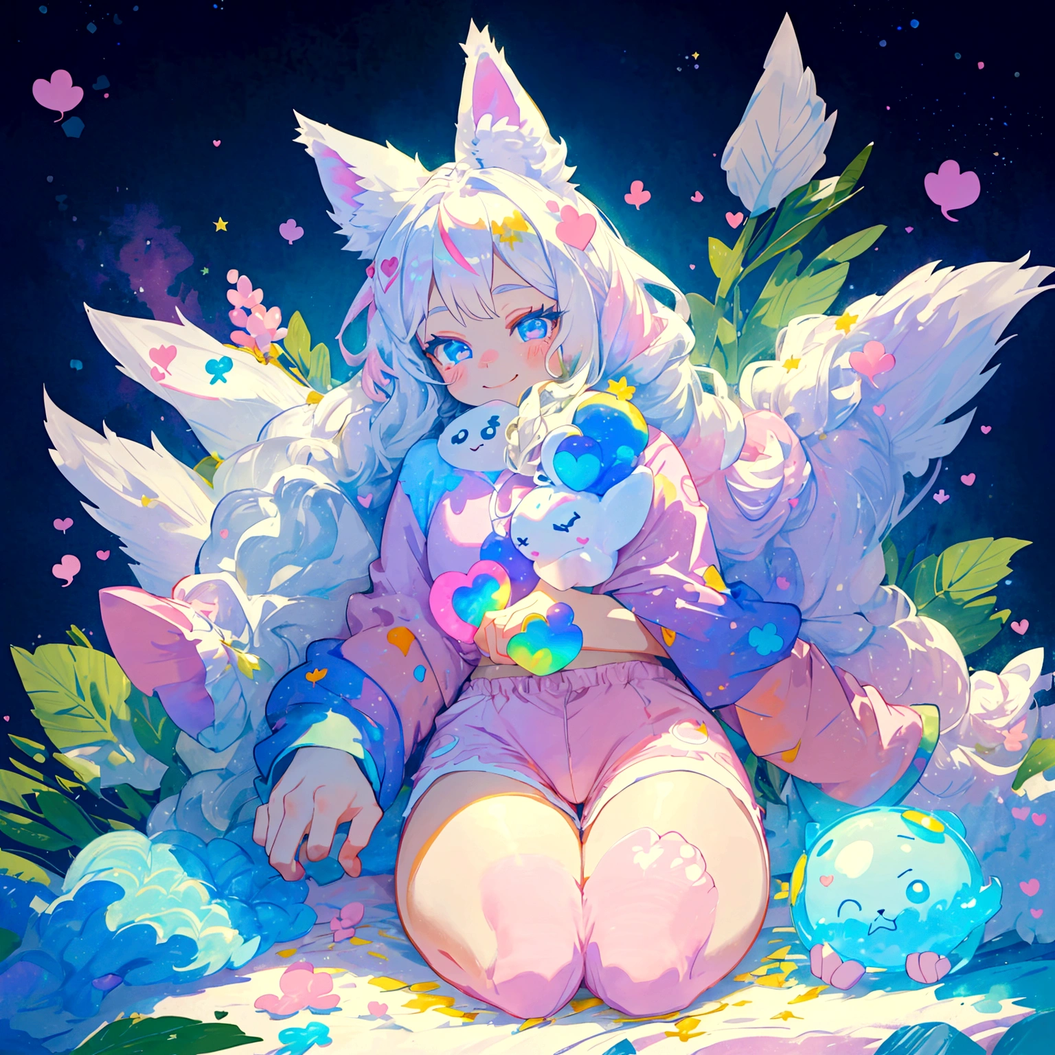 a cute adult male with wolf ears, long white hair, long locks, has a wolf tail, thick thighs, wide hips, short, wearing pink romper with a hood and pink shorts, has heart on chest, has bunny ears on hood, very slim, showing slender tummy, squishy thighs, has glowing blue eyes. alone, solo (ALONE)(SOLO), surrounded by rainbows, colorful galaxy backround, smiling, on knees ontop of a pile of fluffy plushes, plushies everywhere, kawaii plushies, surrounded by bubbles, surrounded by rainbow leaves, thicc thighs, stretching out, hands covered