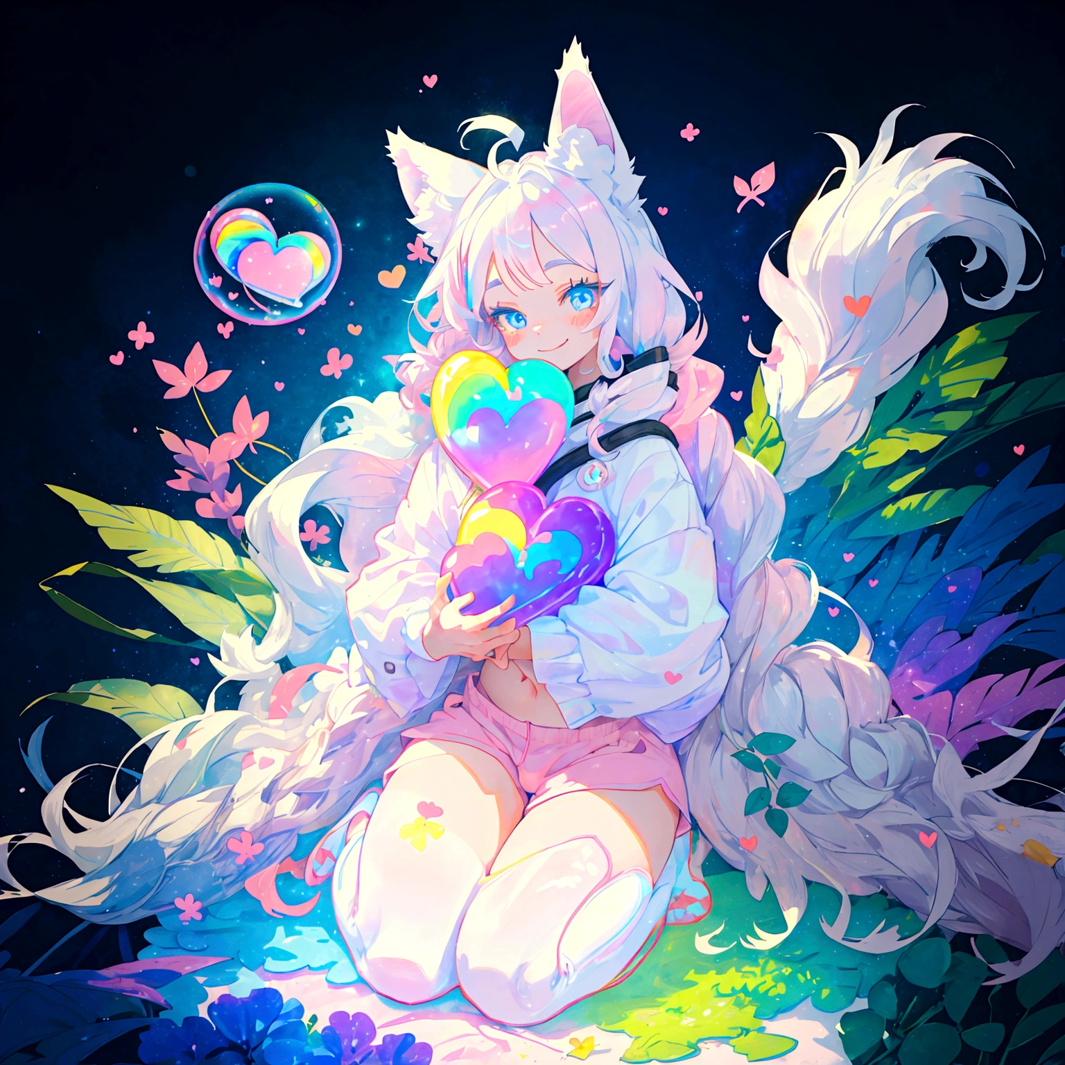 a cute adult male with wolf ears, long white hair, long locks, has a wolf tail, thick thighs, wide hips, short, wearing pink romper with a hood and pink shorts, has heart on chest, has bunny ears on hood, very slim, showing slender tummy, squishy thighs, has glowing blue eyes. alone, solo (ALONE)(SOLO), surrounded by rainbows, colorful galaxy backround, smiling, on knees ontop of a pile of fluffy plushes, plushies everywhere, kawaii plushies, surrounded by bubbles, surrounded by rainbow leaves, thicc thighs, stretching out, hands covered