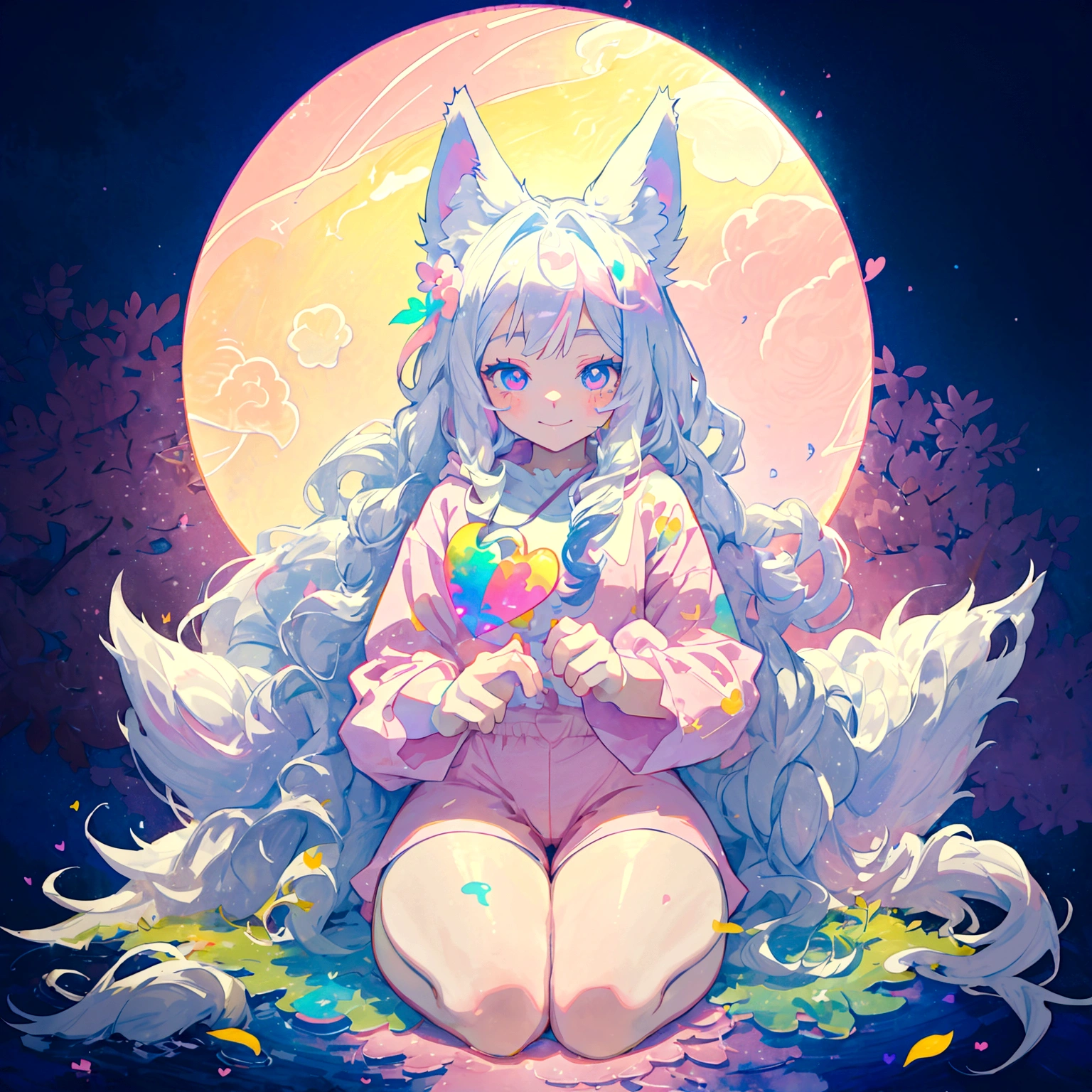 a cute adult male with wolf ears, long white hair, long locks, has a wolf tail, thick thighs, wide hips, short, wearing pink romper with a hood and pink shorts, has heart on chest, has bunny ears on hood, very slim, showing slender tummy, squishy thighs, has glowing blue eyes. alone, solo (ALONE)(SOLO), surrounded by rainbows, colorful galaxy backround, smiling, on knees ontop of a pile of fluffy plushes, plushies everywhere, kawaii plushies, surrounded by bubbles, surrounded by rainbow leaves, thicc thighs, stretching out, hands covered