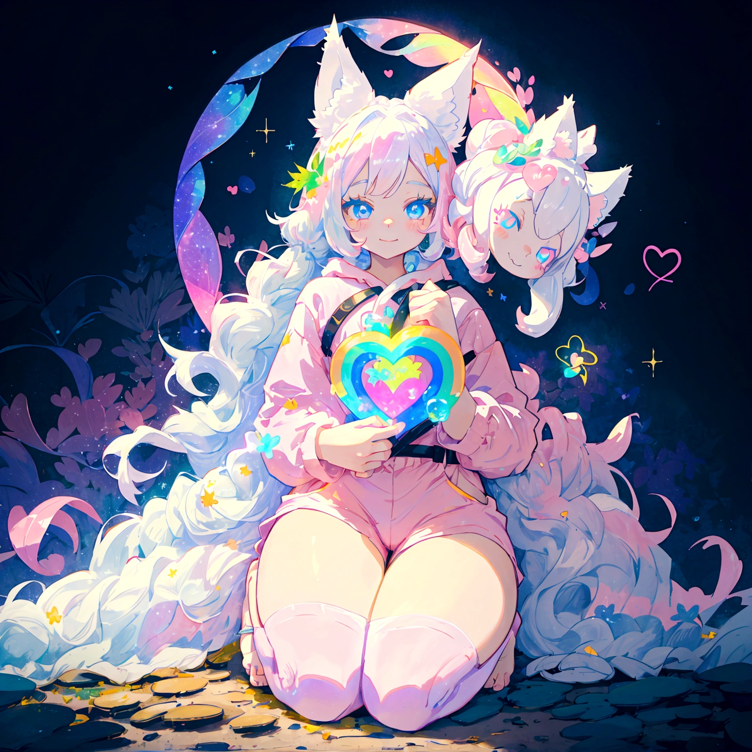 a cute adult male with wolf ears, long white hair, long locks, has a wolf tail, thick thighs, wide hips, short, wearing pink romper with a hood and pink shorts, has heart on chest, has bunny ears on hood, very slim, showing slender tummy, squishy thighs, has glowing blue eyes. alone, solo (ALONE)(SOLO), surrounded by rainbows, colorful galaxy backround, smiling, on knees ontop of a pile of fluffy plushes, plushies everywhere, kawaii plushies, surrounded by bubbles, surrounded by rainbow leaves, thicc thighs, stretching out, hands covered